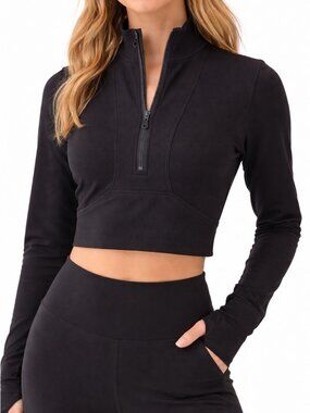 90 Degree by Reflex Black Cropped Half-Zip Waffle Pullover